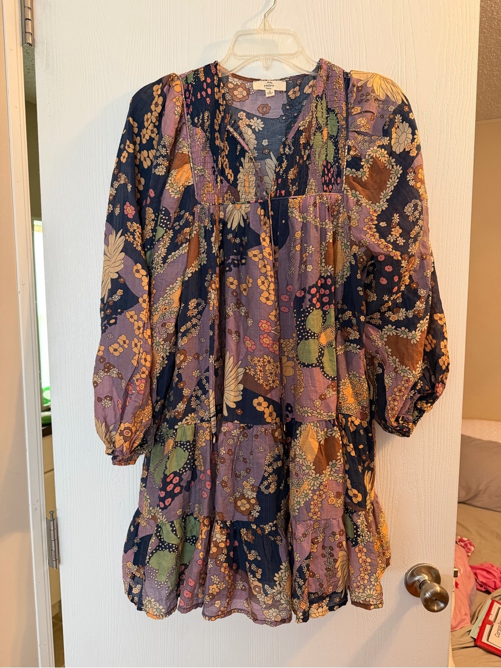 entro Girls Floral Patchwork Tiered Dress - Navy, Purple & Green